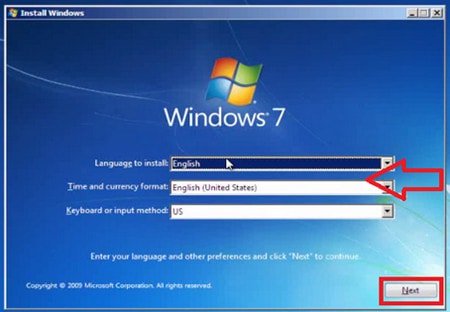 Chọn ngôn ngữ Windows 7