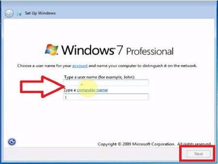 Nhập tên người dùng Windows 7