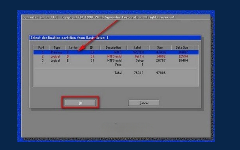 Chọn đúng ổ để ghost win 7