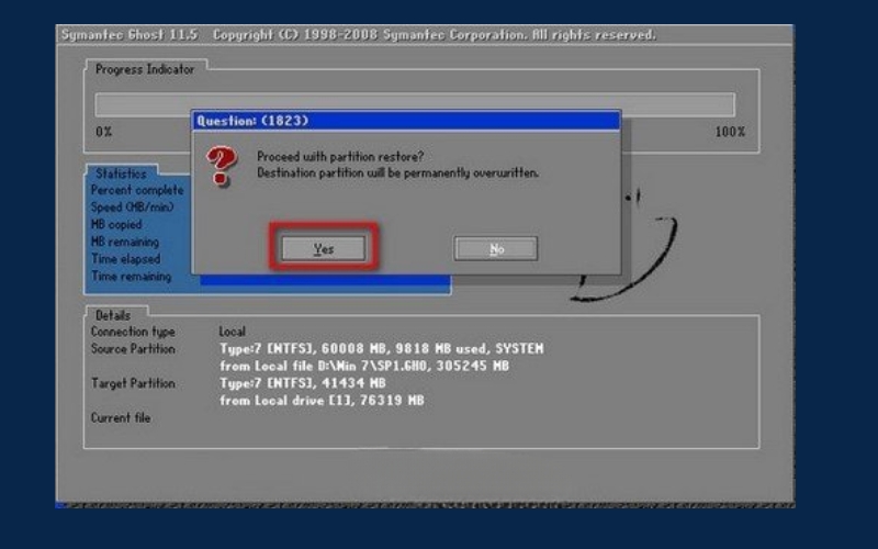 Chọn Yes để đồng ý bung ghost win 7