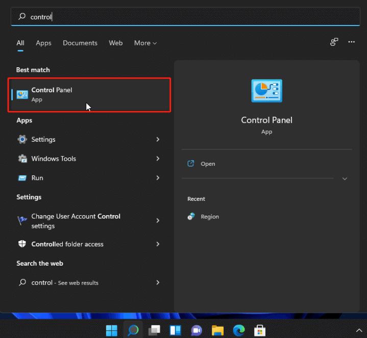 Find control panel 