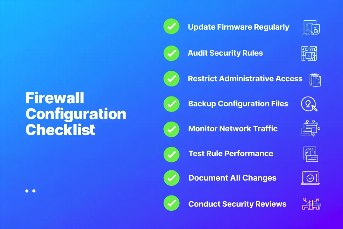 Firewall configuration best practices checklist with security icons
