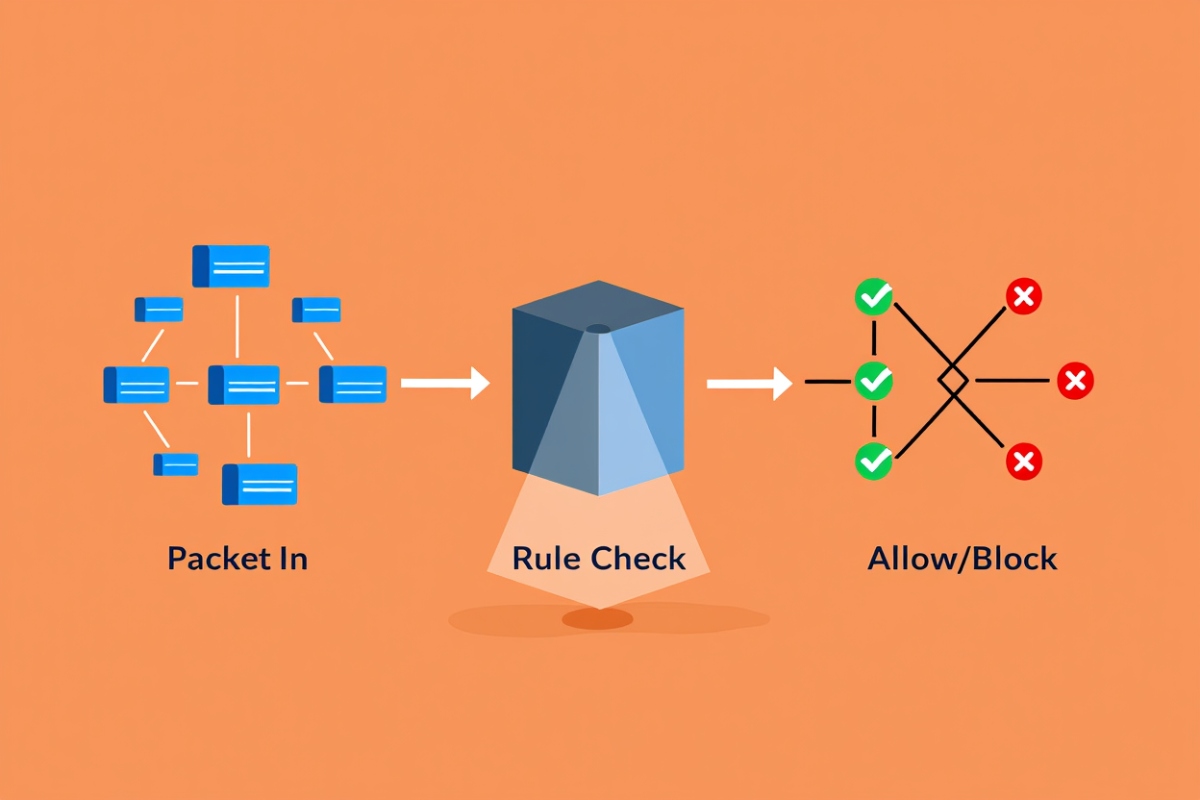 Firewall packet inspection process with allow and block decisions