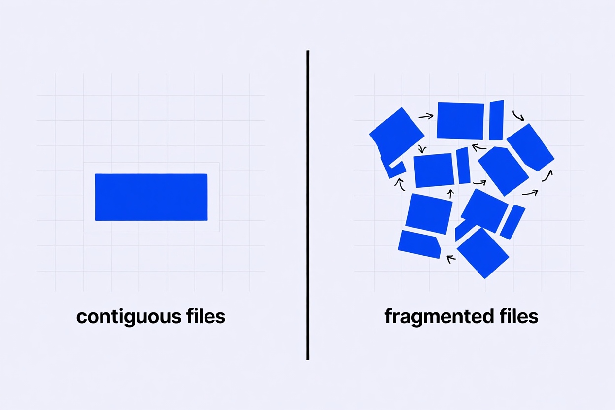 What Is Disk Fragmentation? Understanding, Impact, and Solutions Diagram showing difference between fragmented and contiguous file storage