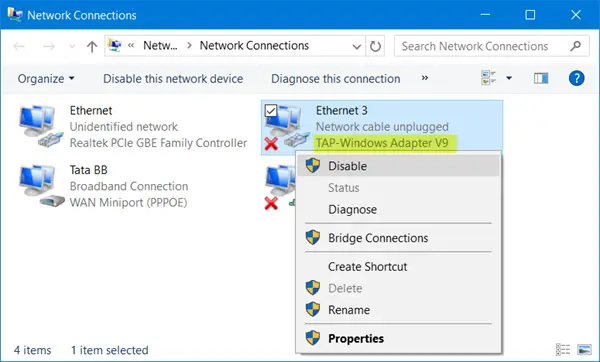 Disable VPN Adapter via Control Panel