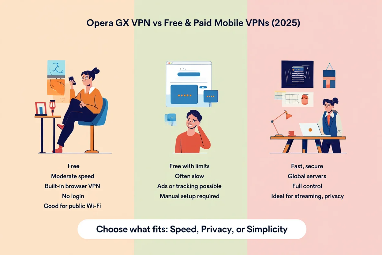 Compare Opera GX, Free, and Paid VPNs for Mobile in 2025