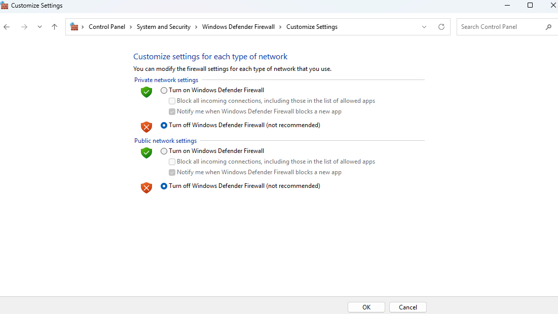 Tắt tường lửa và windows defender