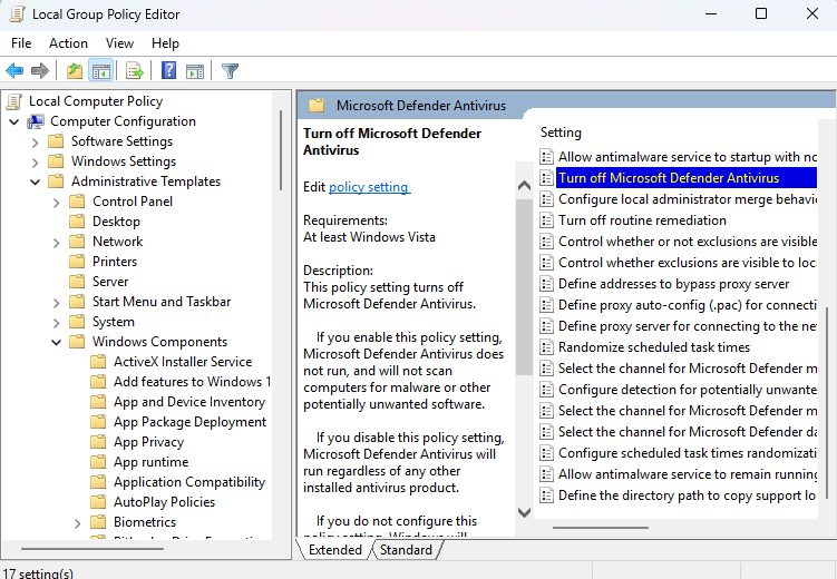 Đường dẫn tắt windows defender