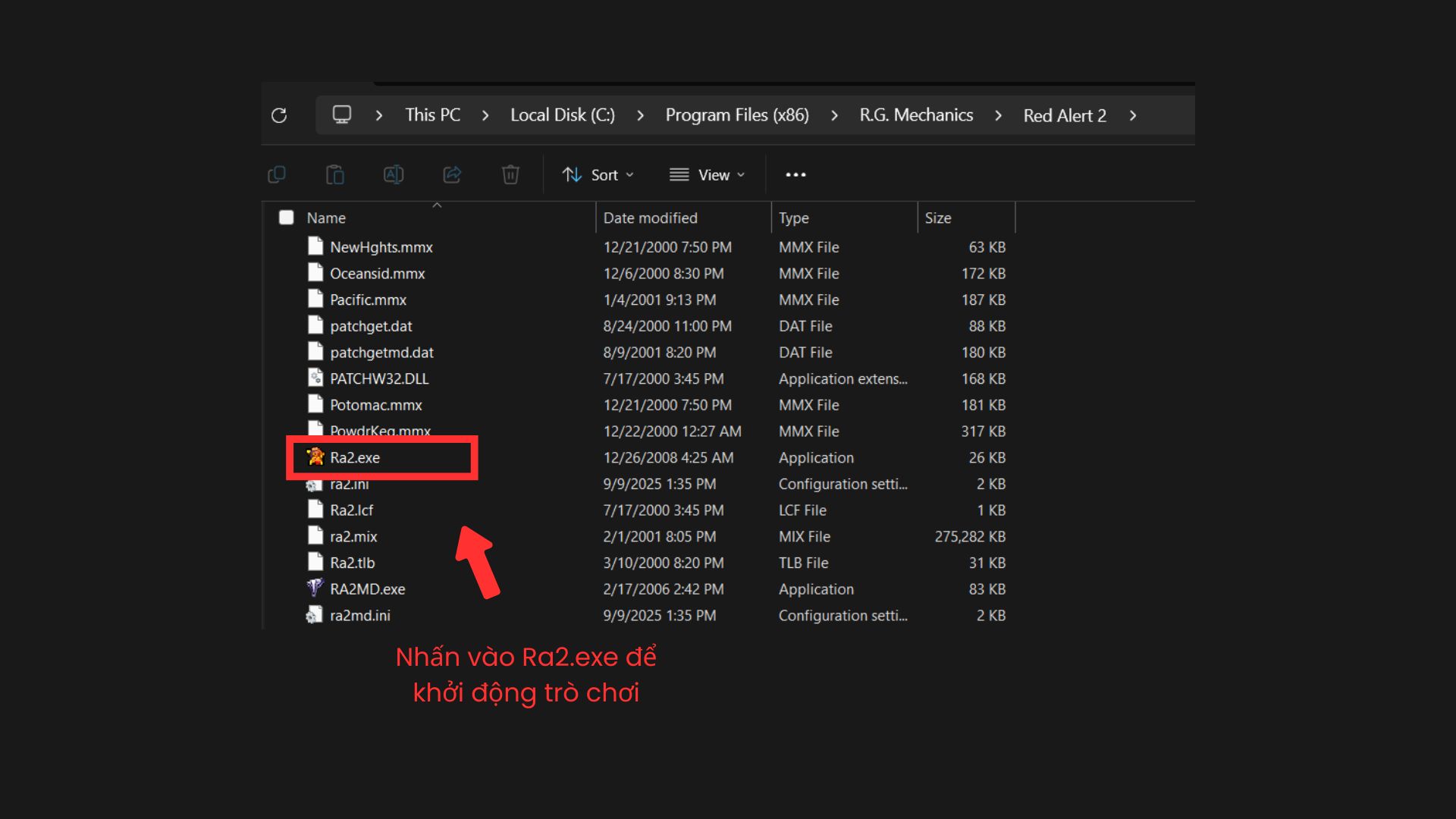Nhấn vào Ra2.exe để khởi động game