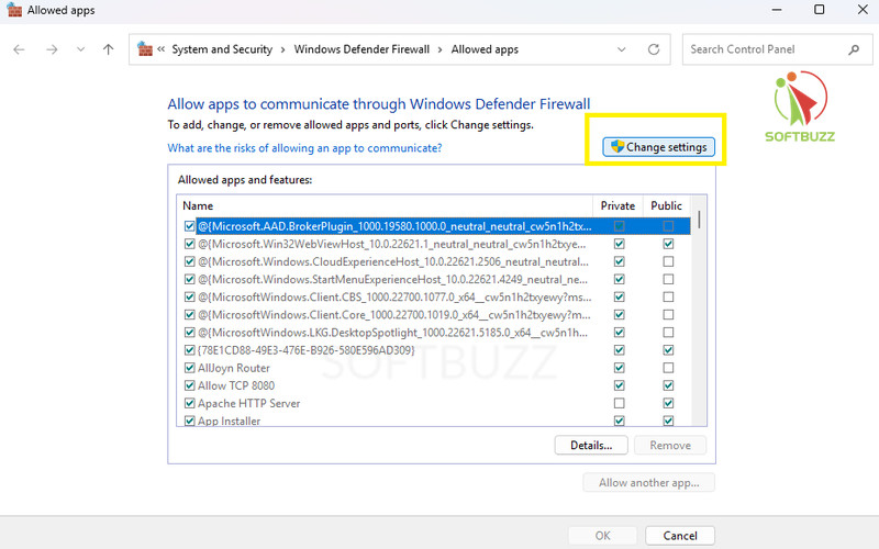 click Change settings