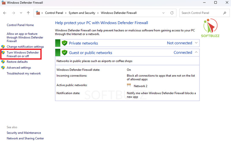 Turn Windows Defender Firewall on or off.