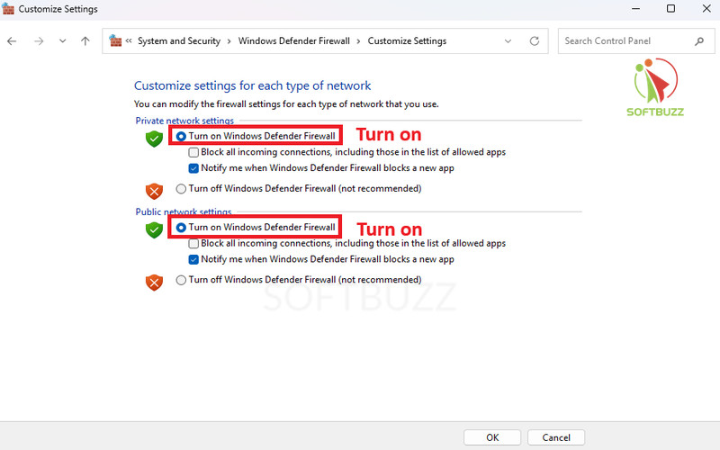 Turn Windows Defender Firewall on.