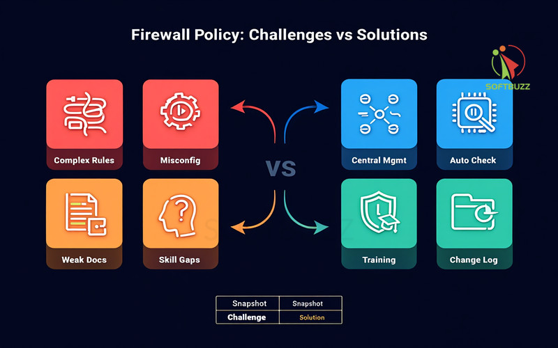 Firewall security policy management infographic showing challenges vs solutions
