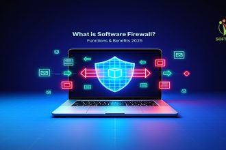 Funny 3D illustration of software firewall blocking viruses