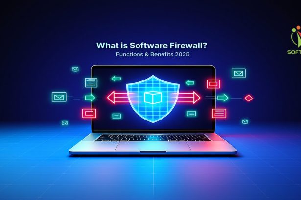 Funny 3D illustration of software firewall blocking viruses
