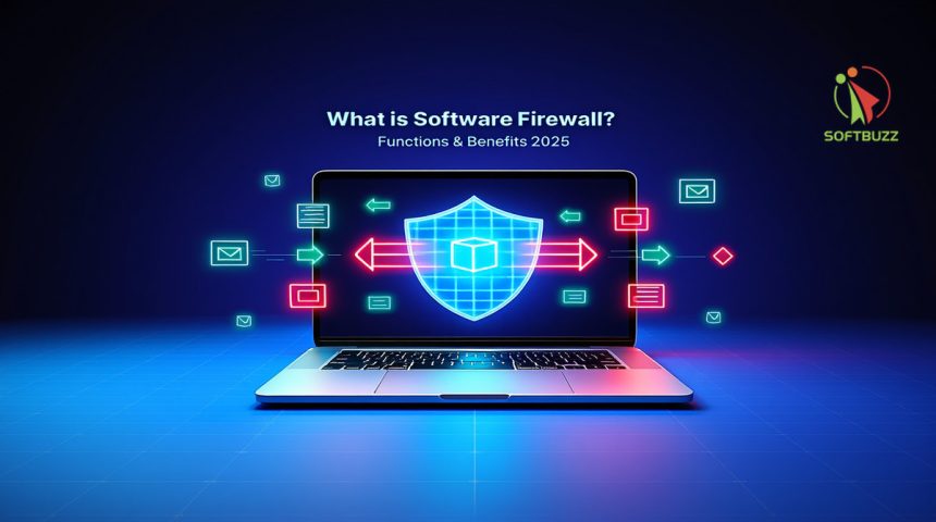 Funny 3D illustration of software firewall blocking viruses
