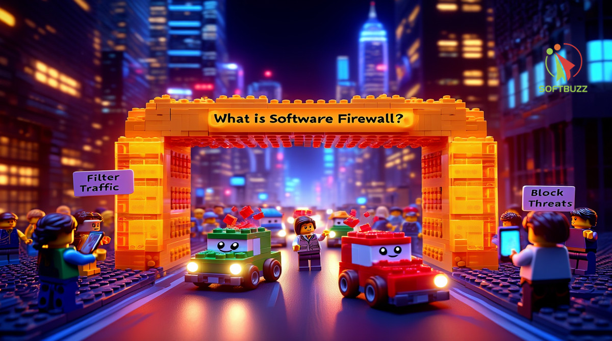 What is Software Firewall: Full Guide to Functions & Benefits 2025 13 What is Software Firewall explained with Lego 3D city blocking malware and allowing safe traffic
